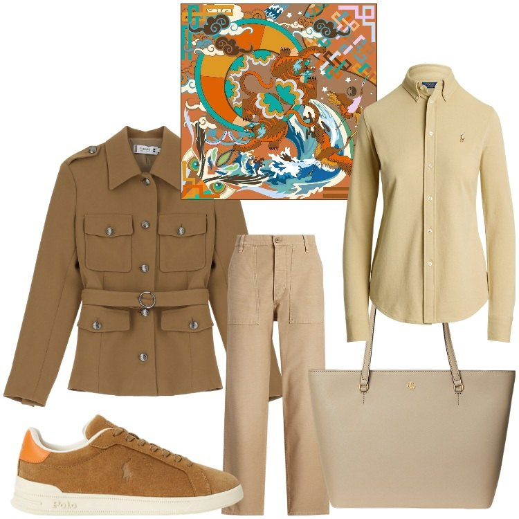 Outfit donna - Rientro al lavoro. Stile Casual chic per Ufficio. Abbinamento con blazer, borse tote, pantaloni, camicie, sneakers, foulard.