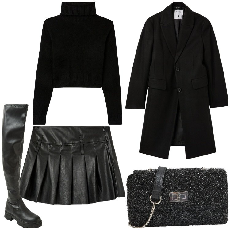 Outfit donna - Serata fuori. Stile Casual chic per Serata fuori. Abbinamento con minigonne, borse a tracolla, maglieria, stivali, cappotti.