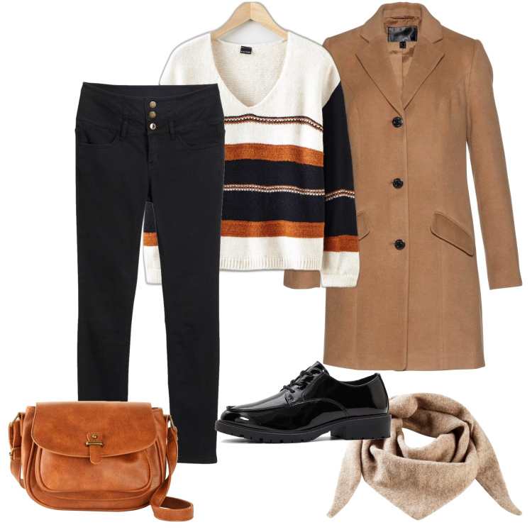 Outfit donna - Denim nero e righe chic. Stile Sporty chic per Tutti i giorni. Abbinamento con jeans skinny, borse a tracolla, cappotti, maglieria, scarpe stringate, foulard.