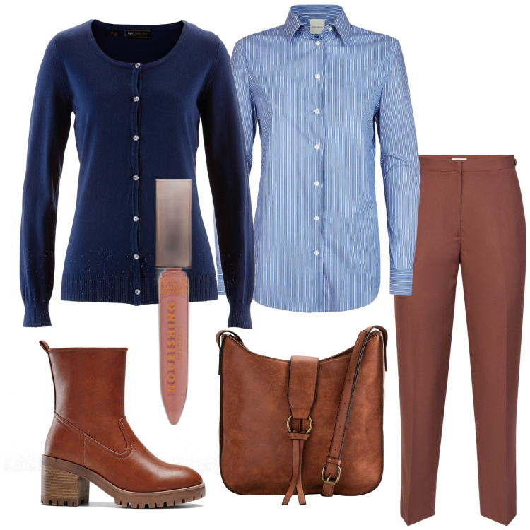 Outfit donna - Total look #2029260. Stile Casual chic per Tutti i giorni. Abbinamento con borse a tracolla, stivaletti, cardigans, gloss, pantaloni, camicie.