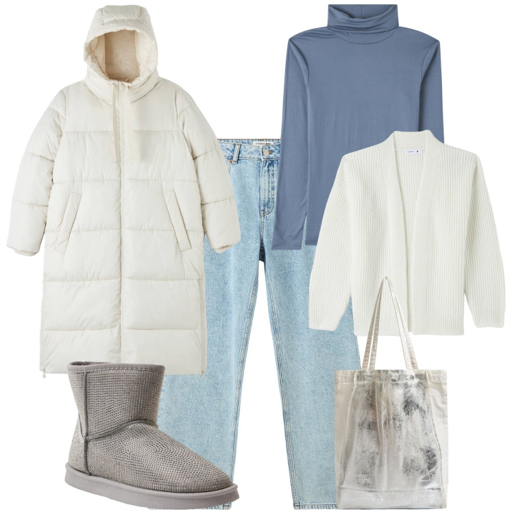 Outfit donna - Total look #2029267. Stile Casual per Tutti i giorni. Abbinamento con stivali, cardigans, maglieria, jeans, piumini, shopping bag.