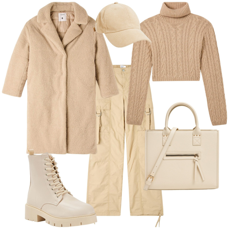 Outfit donna - Total look #2029269. Stile Trendy per Tutti i giorni. Abbinamento con pantaloni cargo, cappotti, shopping bag, maglieria, anfibi, cappelli con visiera.