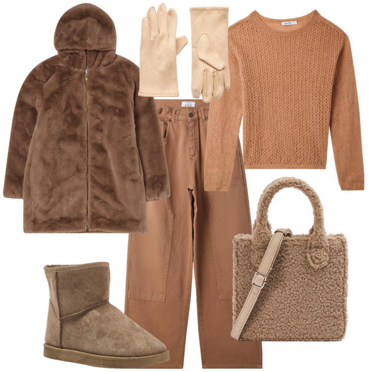 Outfit donna - Total look #2029270. Stile Trendy per Tutti i giorni. Abbinamento con pantaloni, ecopellicce, shopping bag, stivaletti, maglieria, guanti.