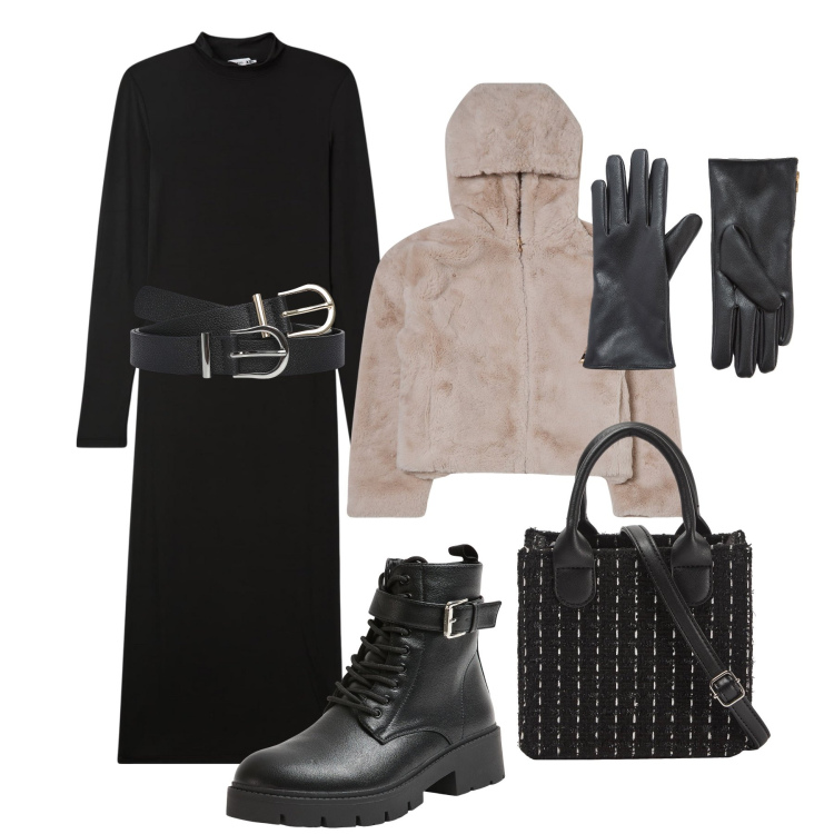 Outfit donna - Calda very cool !. Stile Trendy per Tutti i giorni. Abbinamento con vestiti lunghi, blazer, cinture, guanti, shopping bag, anfibi.