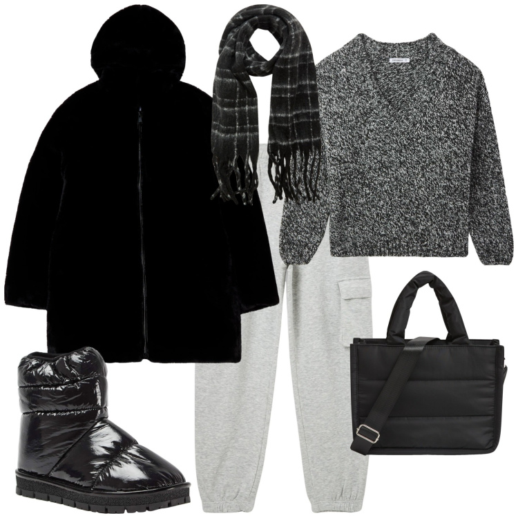 Outfit donna - Total look #2029280. Stile Sporty chic per Tutti i giorni. Abbinamento con shopping bag, maglieria, stivali da neve, pantaloni cargo, sciarpe, ecopellicce.