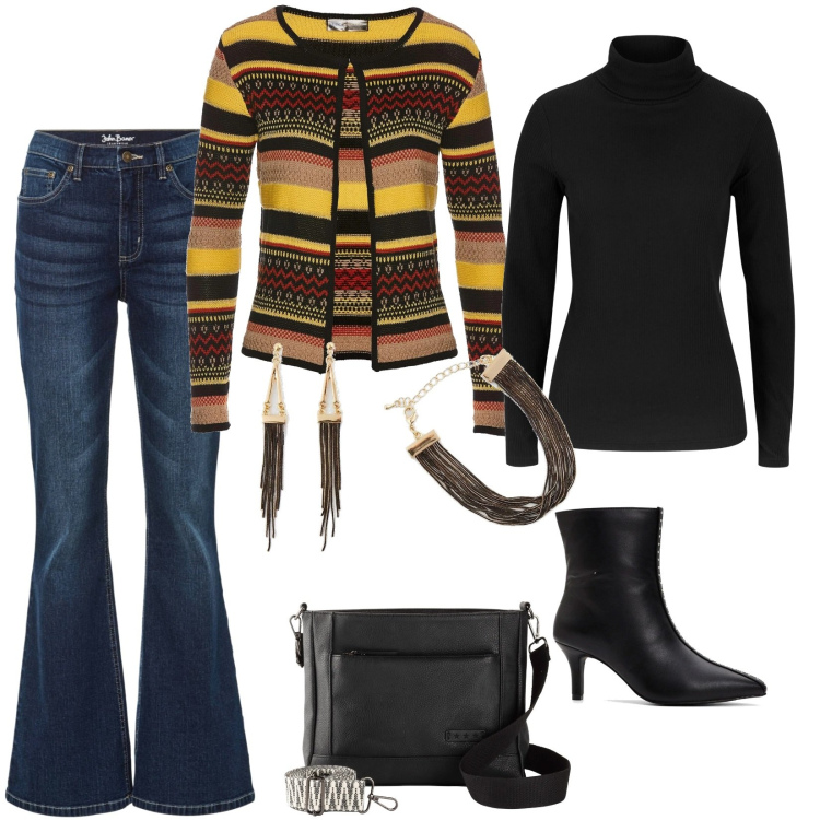 Outfit donna - Jeans & righe. Stile Casual per Scuola/Università. Abbinamento con jeans a zampa, maglieria, borse a tracolla, cardigans, stivaletti, braccialetti.