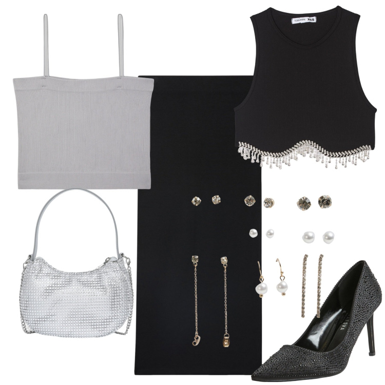 Outfit donna - Terranova lunga notte. Stile Glamour per Serata fuori. Abbinamento con canottiere, top, gonne longuette, décolleté, orecchini, borse a spalla.
