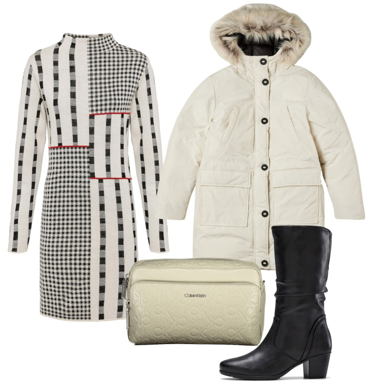 Outfit donna - City. Stile Bon Ton per Tutti i giorni. Abbinamento con stivali, vestiti, parka, borse a tracolla.
