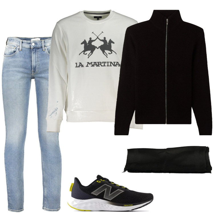 Outfit uomo - Total look #2029304. Stile Casual per Tutti i giorni. Abbinamento con cardigans, sneakers, jeans, sciarpe e foulard, felpe.