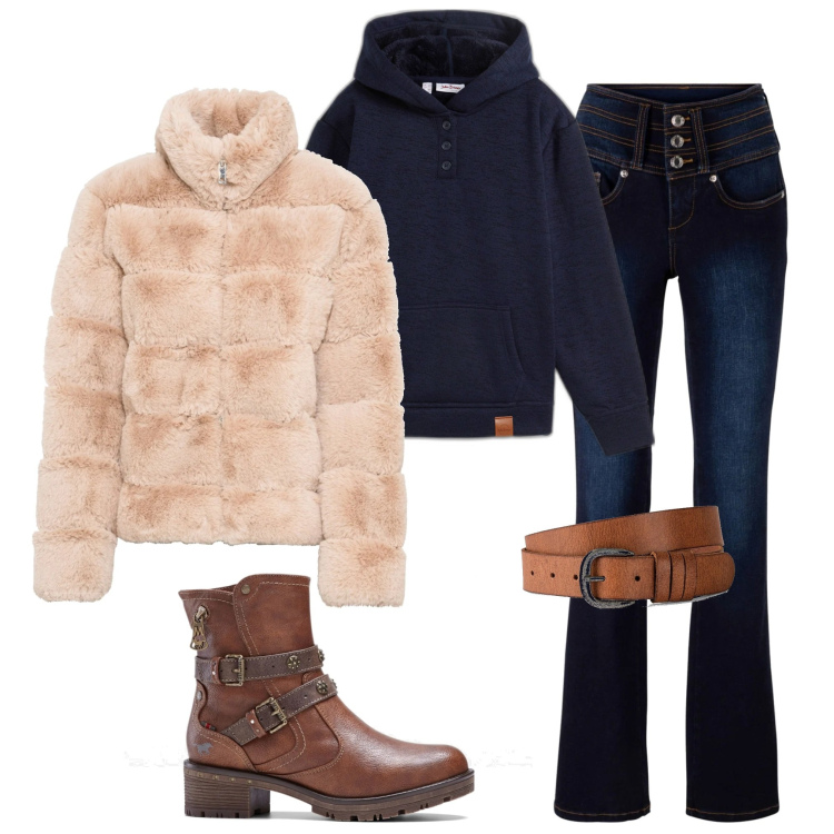 Outfit donna - Tendenze in denim. Stile Casual per Tutti i giorni. Abbinamento con jeans bootcut, ecopellicce, cinture, felpe con cappuccio, stivaletti.