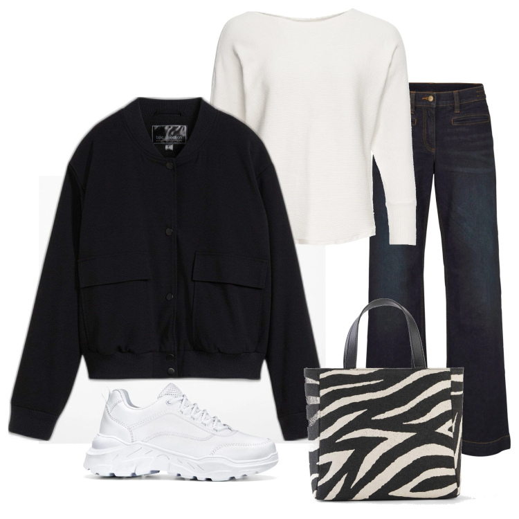 Outfit donna - Tendenze in denim. Stile Casual per Tutti i giorni. Abbinamento con jeans, sneakers, borse a mano, maglieria, bomber.