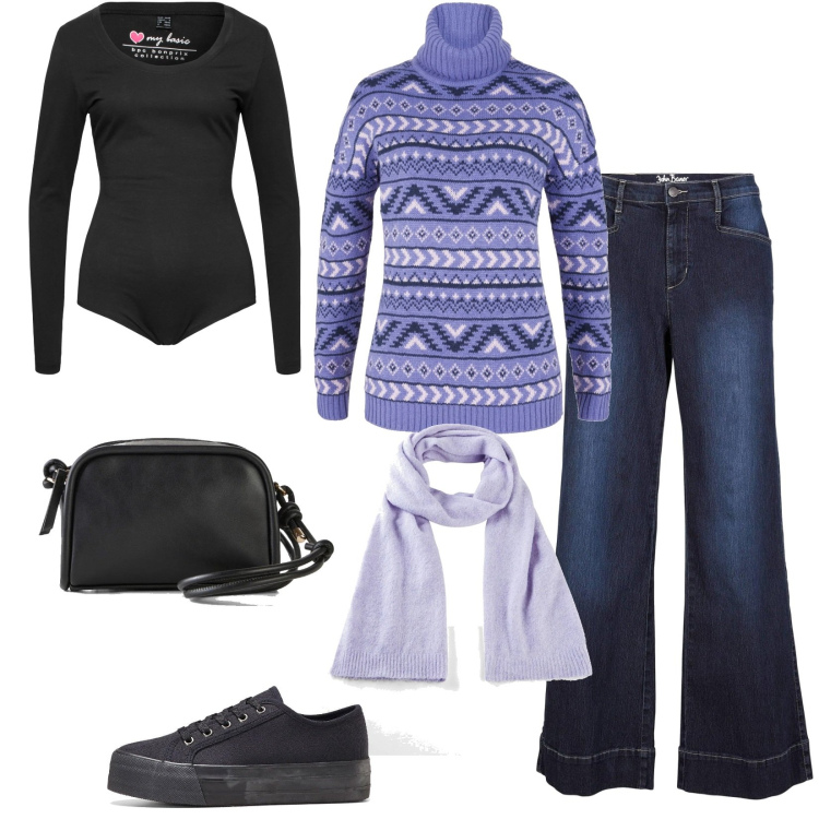 Outfit donna - Jeans & righe. Stile Casual per Scuola/Università. Abbinamento con jeans, sneakers, body, maglieria, sciarpe, borse a tracolla.