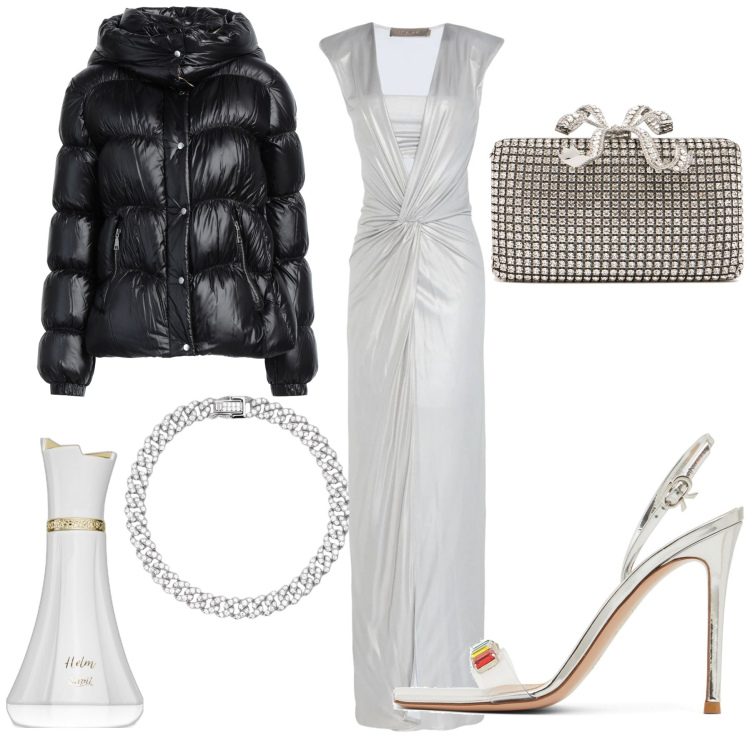 Outfit donna - Buon 2025. Stile Glamour per Serata fuori. Abbinamento con vestiti lunghi, piumini, profumi, braccialetti, sandali in pelle, pochette.