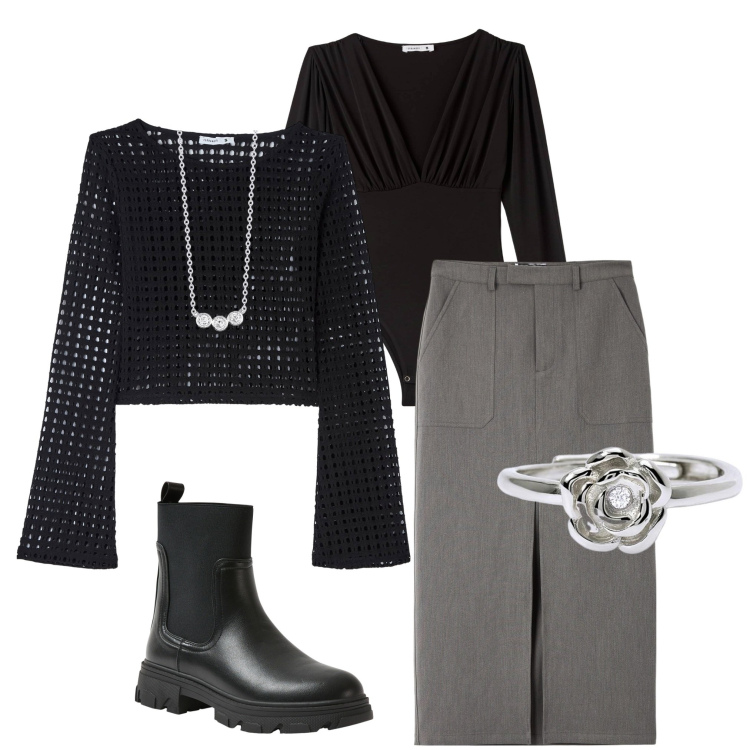Outfit donna - Terranova saldi. Stile Casual chic per Ufficio. Abbinamento con maglieria, gonne lunghe, body, stivaletti chelsea, anelli, collane.
