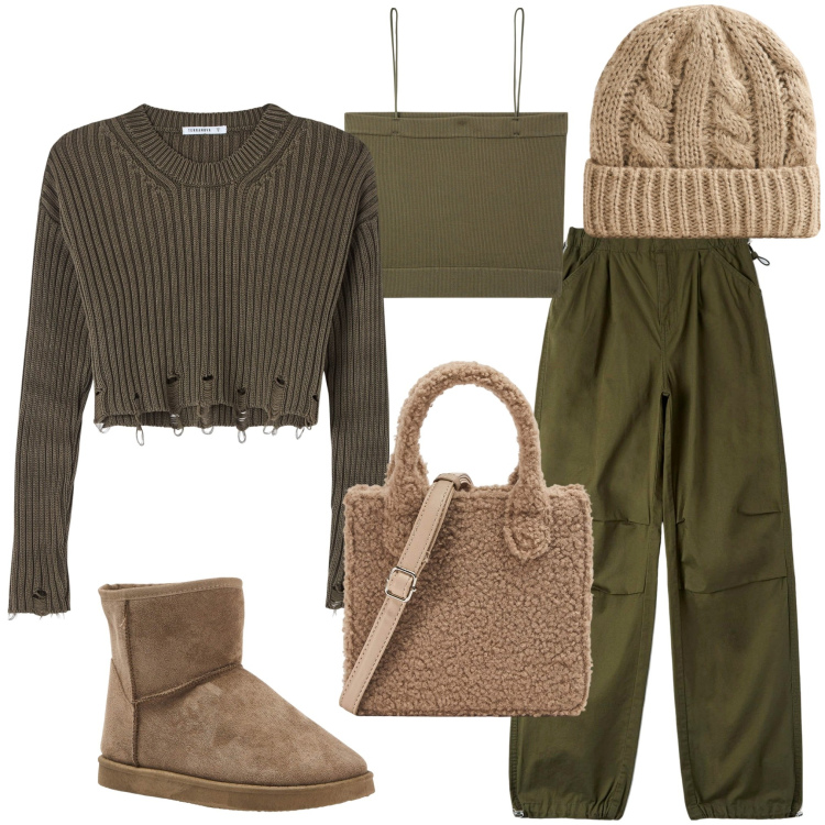 Outfit donna - Terranova saldi. Stile Casual per Tutti i giorni. Abbinamento con top, pantaloni cargo, stivaletti, shopping bag, maglieria, berretti.