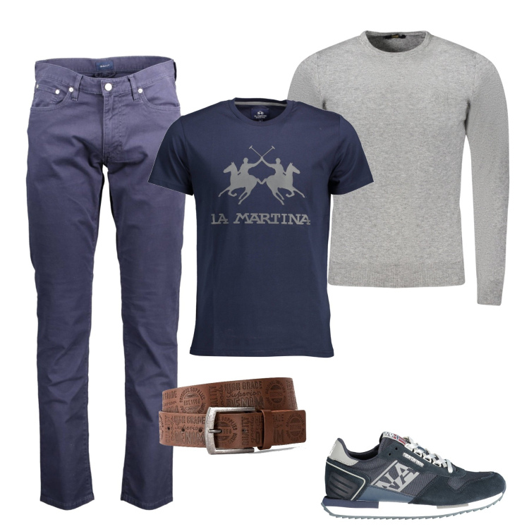 Outfit uomo - Sportivo. Stile Trendy per Tutti i giorni. Abbinamento con cinture, pantaloni, t-shirt, sneakers, maglieria.
