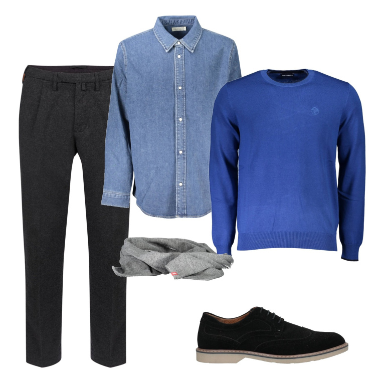 Outfit uomo - Con la camicia di jeans. Stile Casual per Ufficio. Abbinamento con scarpe stringate, pantaloni, sciarpe, maglieria, camicie.