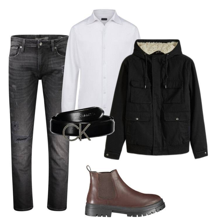 Outfit uomo - Parka e polo. Stile Casual per Tutti i giorni. Abbinamento con piumini, polo, stivali, cinture, jeans strappati.