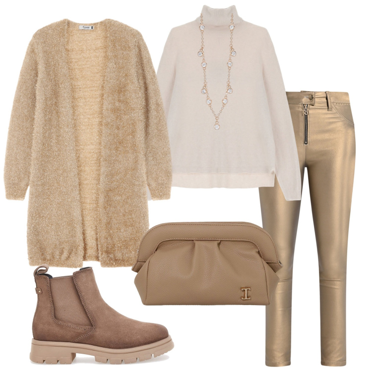 Outfit donna - Un nuovo anno. Stile Casual chic per Serata fuori. Abbinamento con collane, pantaloni skinny, cardigans, borse a mano, maglieria, stivaletti chelsea.