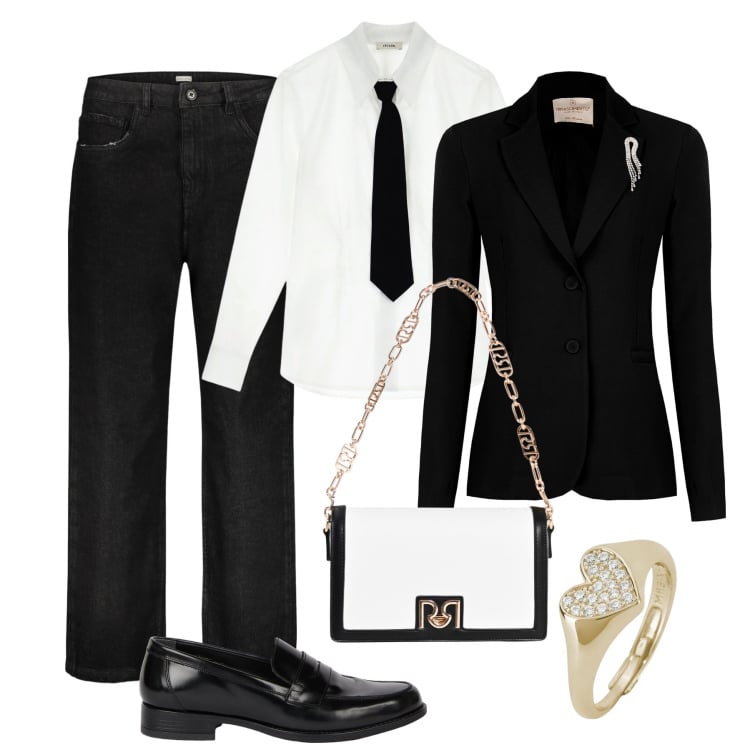 Outfit donna - Jeans e cravatta sempre cool !. Stile Trendy per Serata fuori. Abbinamento con anelli, blazer, borse a tracolla, camicie, jeans, mocassini.