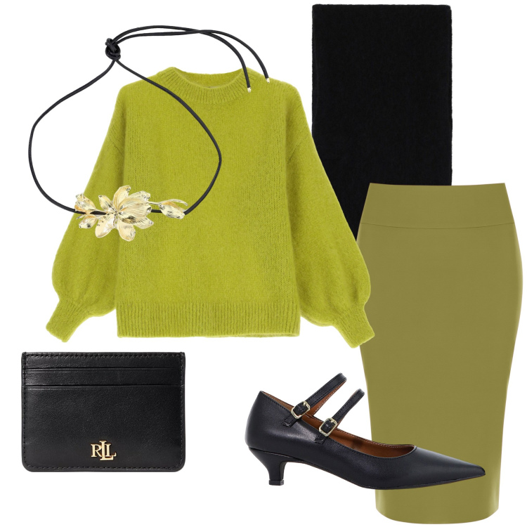 Outfit donna - Un nuovo anno. Stile Casual chic per Ufficio. Abbinamento con gonne, décolleté, maglieria, collane, stole, portafogli.
