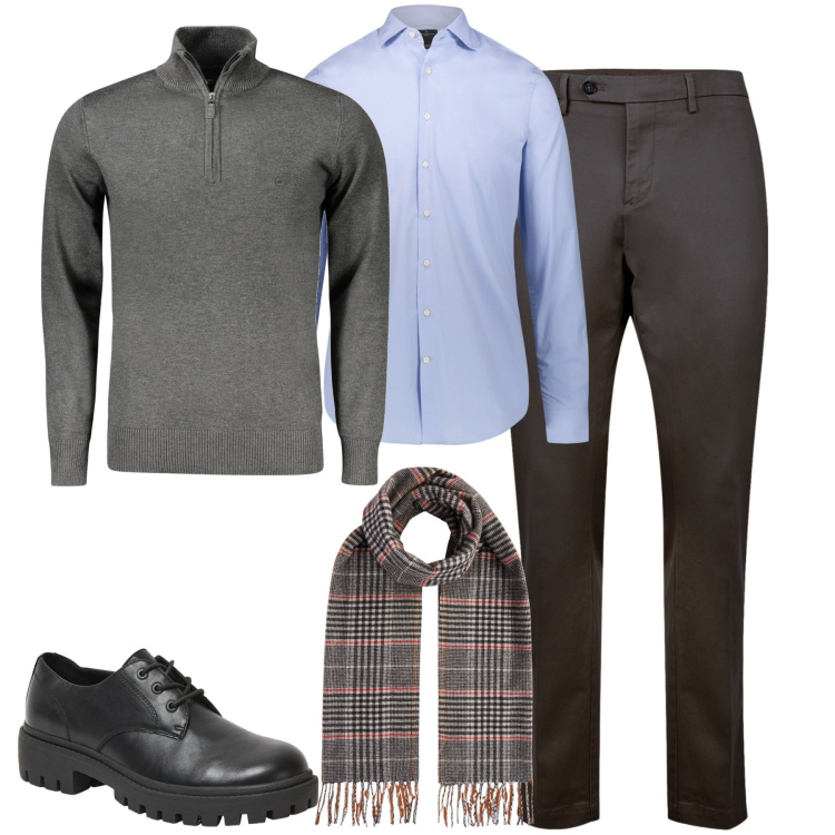 Outfit uomo - Ritorno in ufficio. Stile Urban per Ufficio. Abbinamento con scarpe stringate, camicie, maglieria, pantaloni chino, sciarpe.