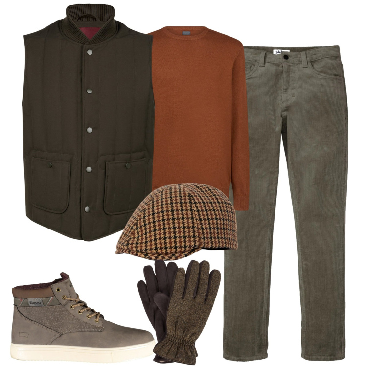 Outfit uomo - Outdoor chic. Stile Casual per Tutti i giorni. Abbinamento con pantaloni, maglieria, piumini, guanti, stivali, cappelli.