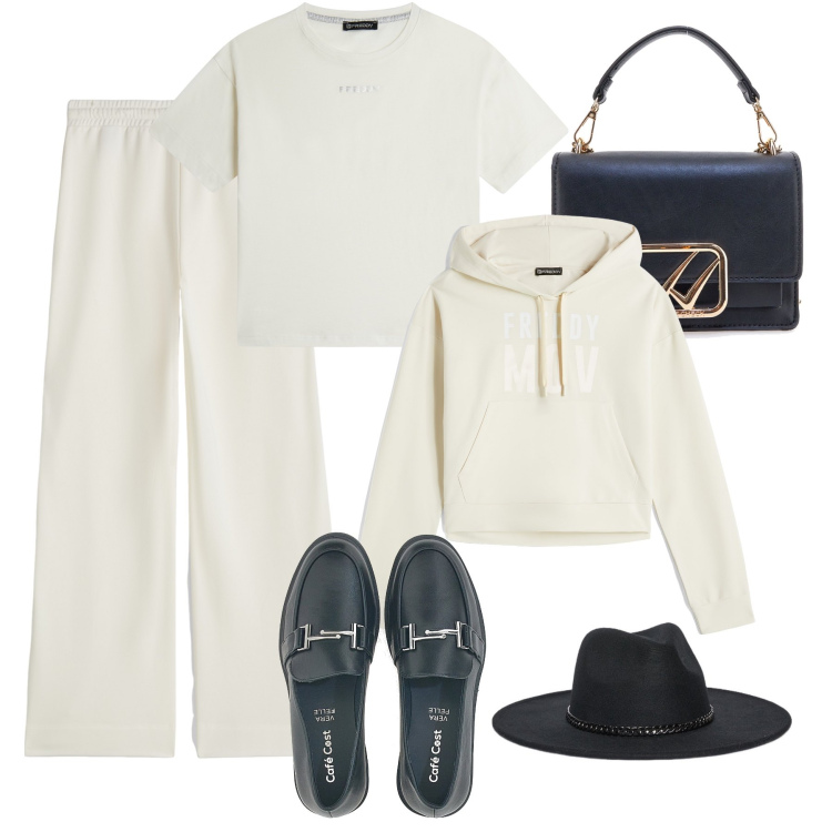 Outfit donna - Anno sportivo glam. Stile Casual chic per Tutti i giorni. Abbinamento con felpe sportive, pantaloni a palazzo, t-shirt, mocassini, borse a tracolla, cappelli.