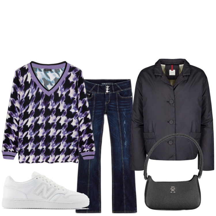 Outfit donna - In fila al supermercato. Stile Basic per Tutti i giorni. Abbinamento con jeans bootcut, sneakers, blazer, maglieria, borse a spalla.