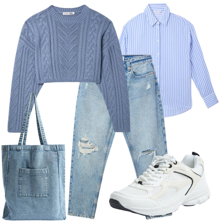 Outfit donna - Iniziano i saldi. Stile Basic per Tutti i giorni. Abbinamento con jeans mom, camicie, maglieria, shopping bag, sneakers.