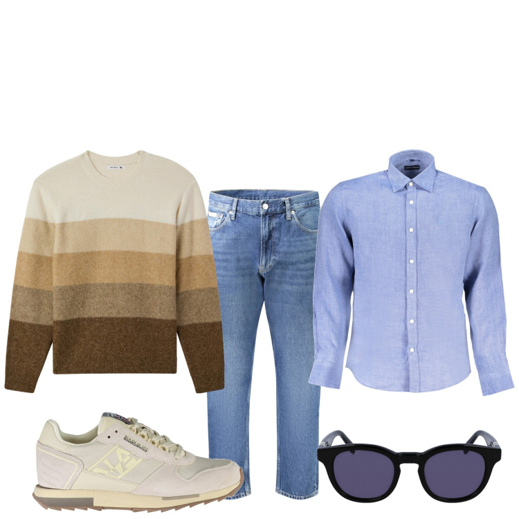 Outfit uomo - Maglia a righe. Stile Urban per Tutti i giorni. Abbinamento con maglieria, sneakers, occhiali da sole, camicie, jeans.