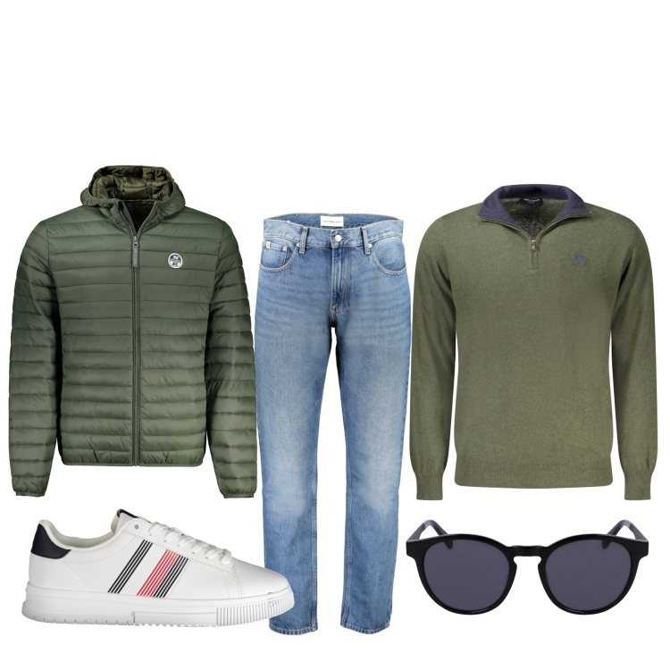 Outfit uomo - Compere natalizie. Stile Urban per Tutti i giorni. Abbinamento con giacche, sneakers, jeans dritti, occhiali da sole, maglieria.