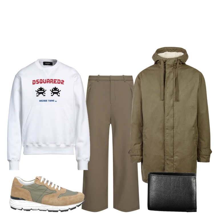 Outfit uomo - Fa freddo. Stile Urban per Tutti i giorni. Abbinamento con parka, felpe, sneakers, pantaloni, portafogli.