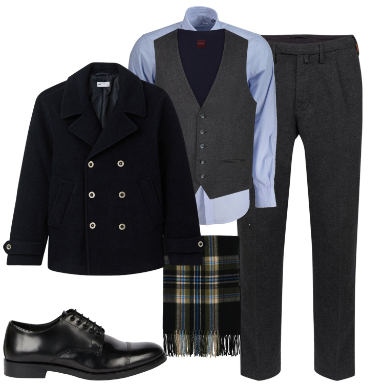Outfit uomo - Layering. Stile Urban per Tutti i giorni. Abbinamento con cappotti, sciarpe, pantaloni, camicie, scarpe stringate, gilet.