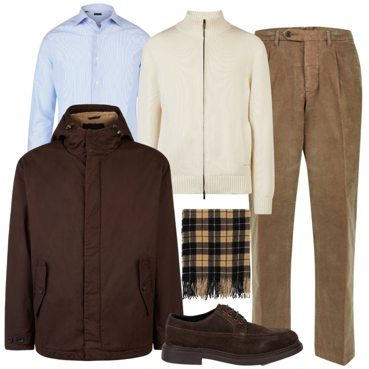 Outfit uomo - Layering urbano. Stile Urban per Tutti i giorni. Abbinamento con sciarpe, giacche, pantaloni, camicie, scarpe stringate, cardigans.
