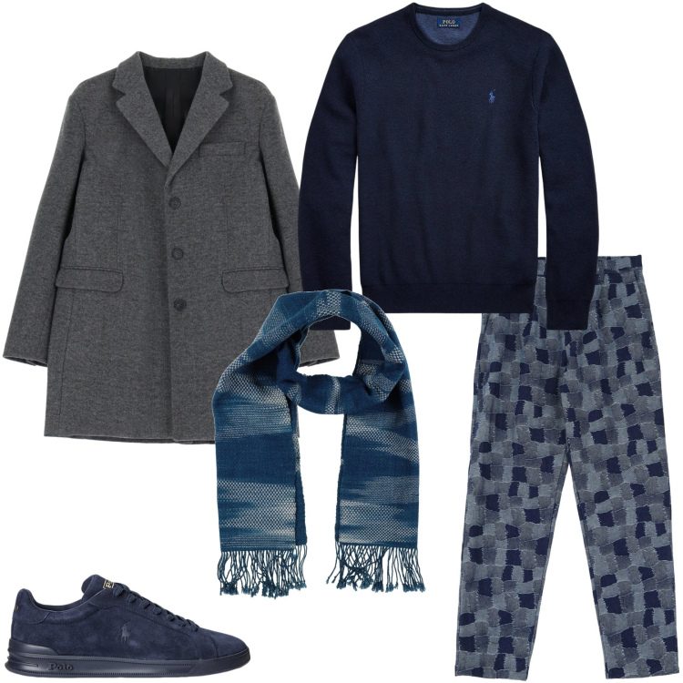 Outfit uomo - Il cappotto grigio. Stile Trendy per Tutti i giorni. Abbinamento con sciarpe, pantaloni cargo, cappotti, maglieria, sneakers.