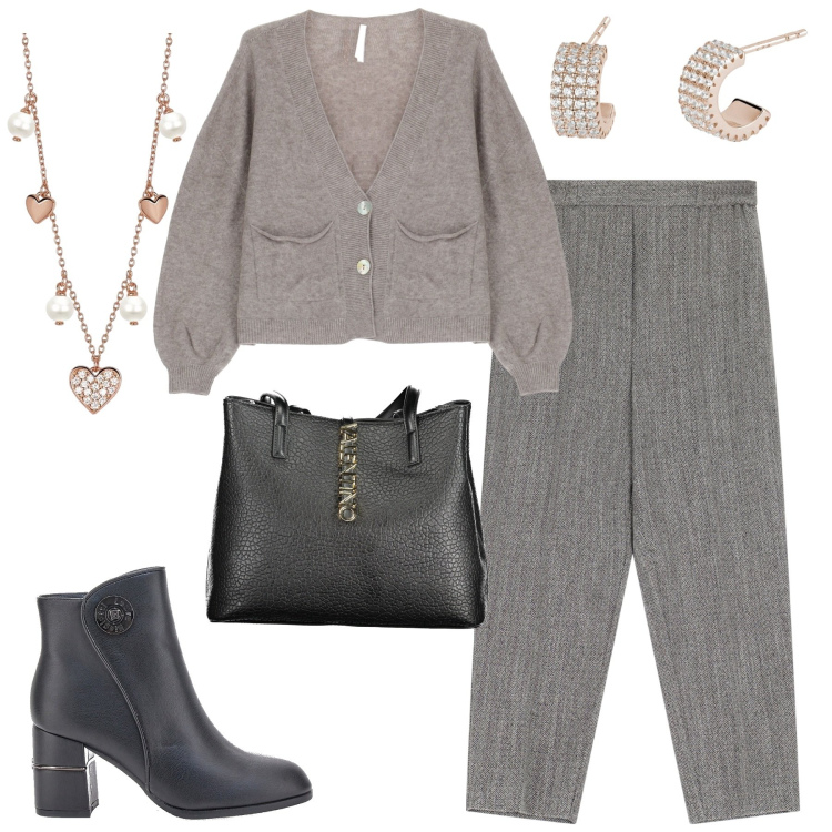 Outfit donna - In ufficio. Stile Minimal per Ufficio. Abbinamento con orecchini, collane, pantaloni, cardigans, stivaletti, borse a spalla.