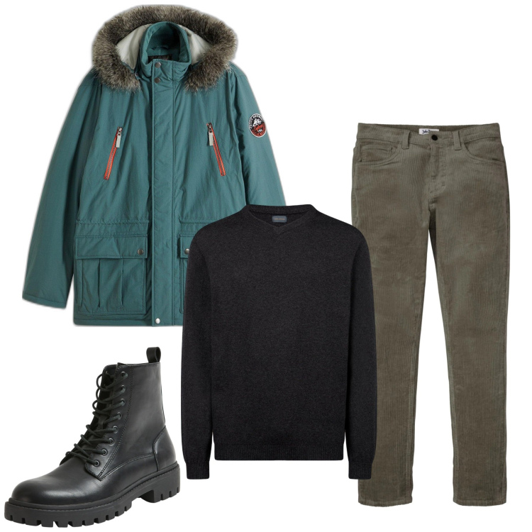 Outfit uomo - Il montgomery verde. Stile Casual per Tutti i giorni. Abbinamento con pantaloni, parka, anfibi, maglieria.