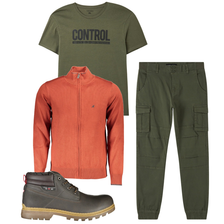 Outfit uomo - Orange power. Stile Urban per Tutti i giorni. Abbinamento con t-shirt, pantaloni cargo, stivali, cardigans.