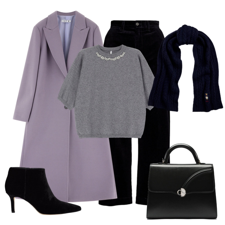 Outfit donna - Cappotto glicine. Stile Chic per Serata fuori. Abbinamento con cappotti, maglieria, sciarpe, stivaletti, pantaloni, borse a mano.