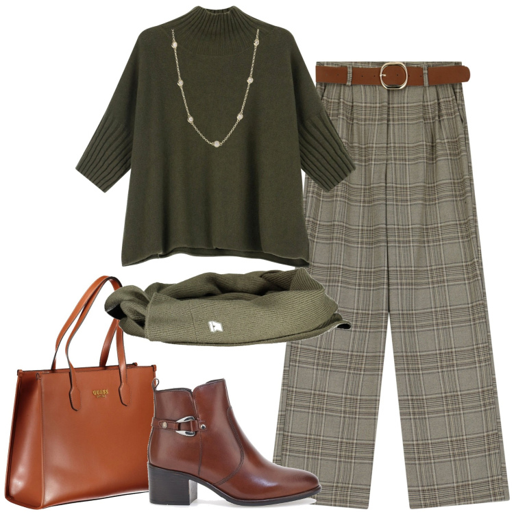 Outfit donna - In ufficio. Stile Urban per Ufficio. Abbinamento con collane, maglieria, pantaloni, stivaletti, sciarpe, borse a spalla.