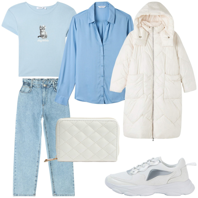 Outfit donna - Speciale Saldi. Stile Casual per Tutti i giorni. Abbinamento con t-shirt, jeans, sneakers, camicie, blazer, portafogli.