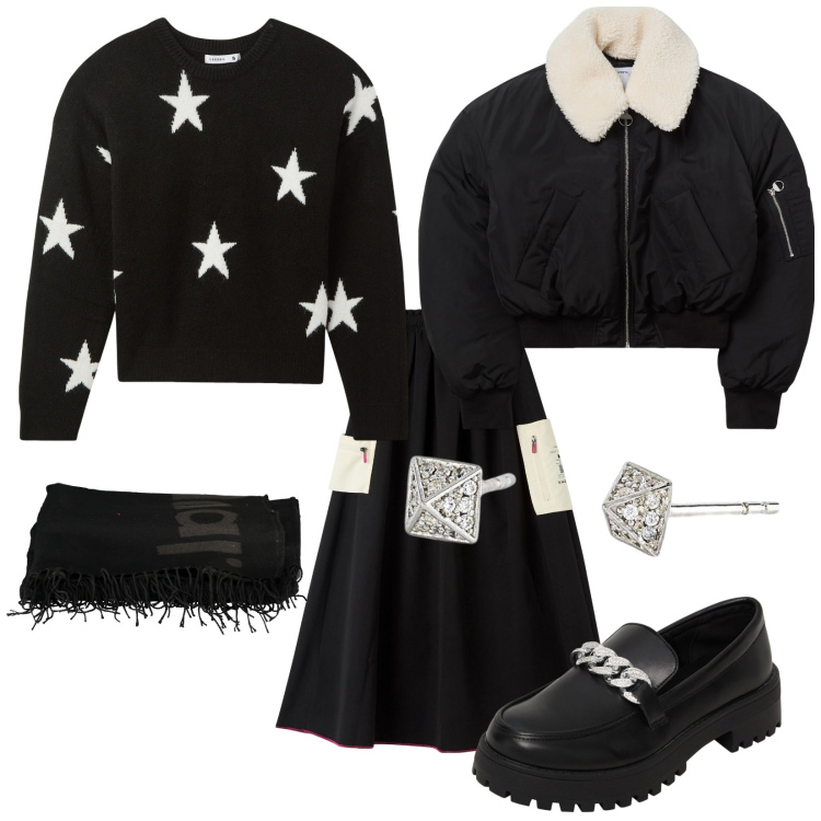 Outfit donna - New 2025. Stile Trendy per Tutti i giorni. Abbinamento con mocassini, blazer, gonne lunghe, maglieria, orecchini, cappotti.