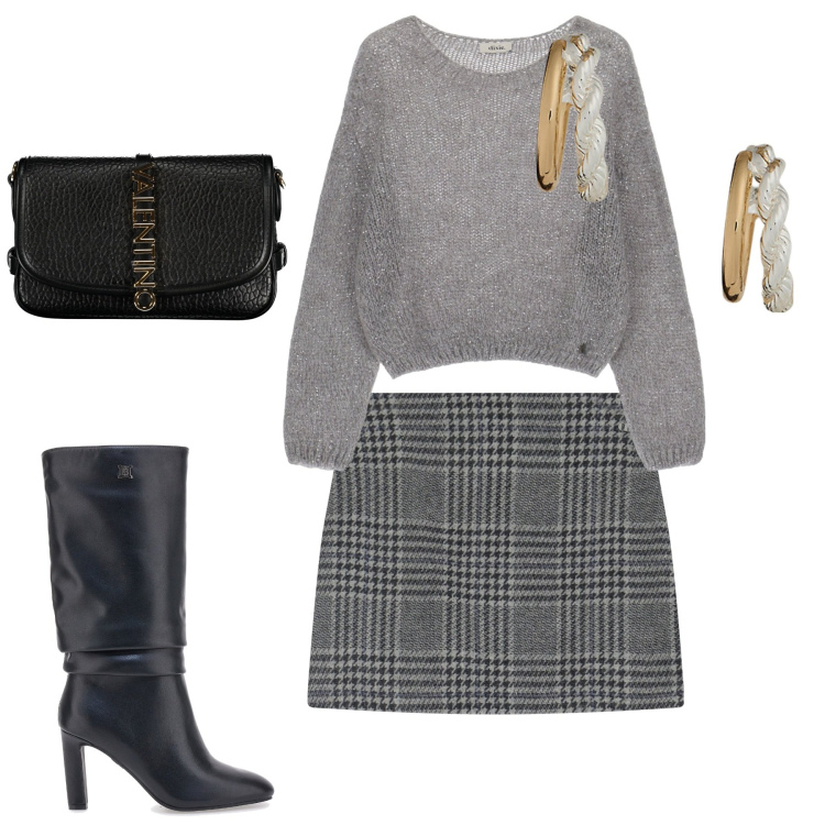 Outfit donna - City. Stile Urban per Tutti i giorni. Abbinamento con minigonne, maglieria, orecchini, stivali, borse a tracolla.