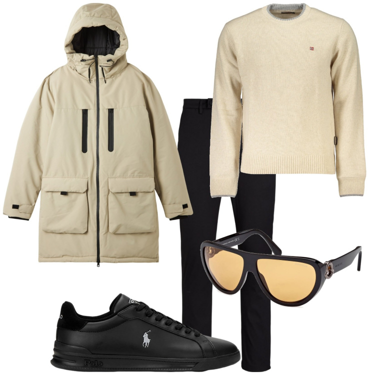 Outfit uomo - Total look #2029546. Stile Trendy per Tutti i giorni. Abbinamento con parka, sneakers, pantaloni, occhiali da sole, maglieria.