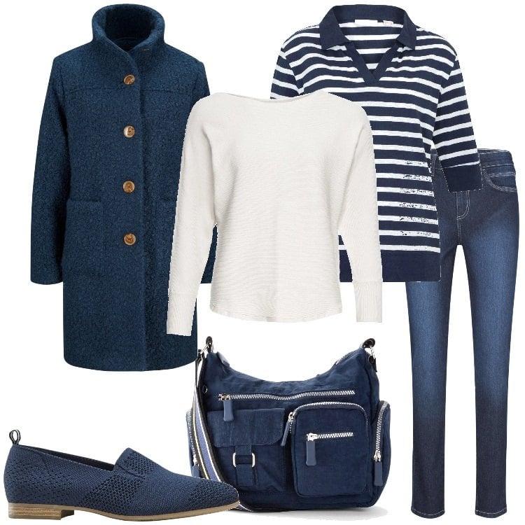 Outfit donna - Bonprix - Tendenze in denim. Stile Preppy per Scuola/Università. Abbinamento con cappotti, maglieria, borse a tracolla, polo, jeans skinny, mocassini.