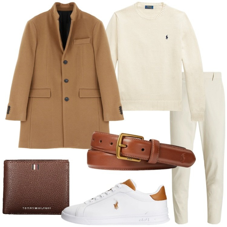 Outfit uomo - Il cappotto che fa la differenza. Stile Trendy per Serata speciale. Abbinamento con cappotti, cinture, sneakers, pantaloni, maglieria, portafogli.