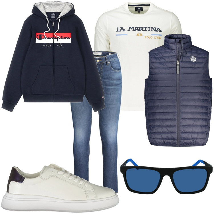 Outfit uomo - La mattinata libera. Stile Casual per Tutti i giorni. Abbinamento con felpe con cappuccio, t-shirt, occhiali da sole, sneakers, giacche, jeans skinny.