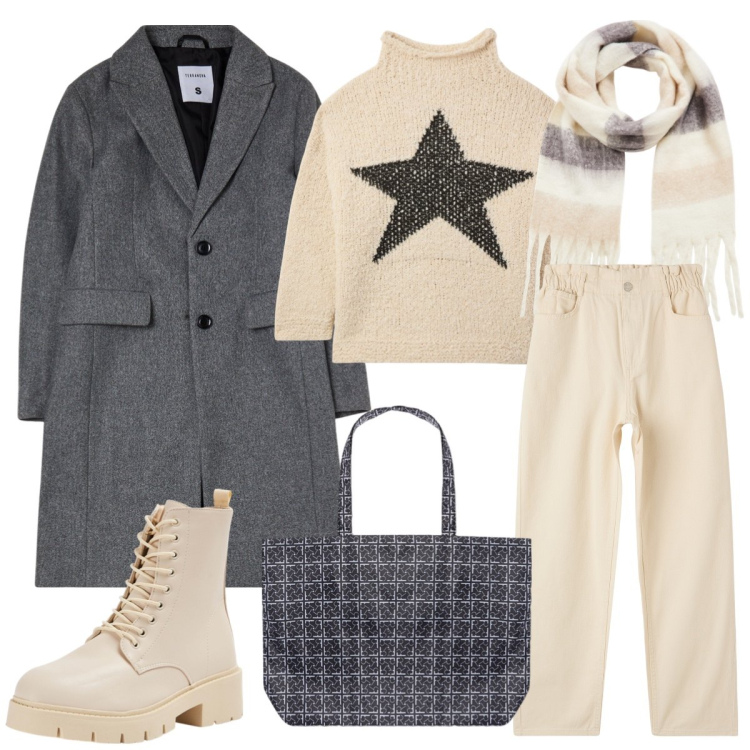 Outfit donna - Total look #2029578. Stile Casual per Tutti i giorni. Abbinamento con pantaloni, maglieria, anfibi, cappotti, sciarpe, shopping bag.