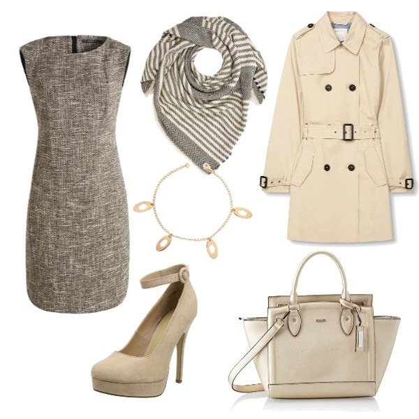 Outfit donna - Ufficio low cost. Stile Basic per Ufficio. Abbinamento con vestito grigio e nero, giubbotto beige, scarpe con plateau crema, borsa a mano oro, sciarpa taglia unica grigio, braccialetto oro.